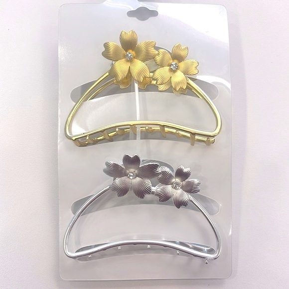 Brand New Natasha Set of 2 Metal Floral Rhinestone Gold & Silver Tone Hair Clips - Picture 13 of 15